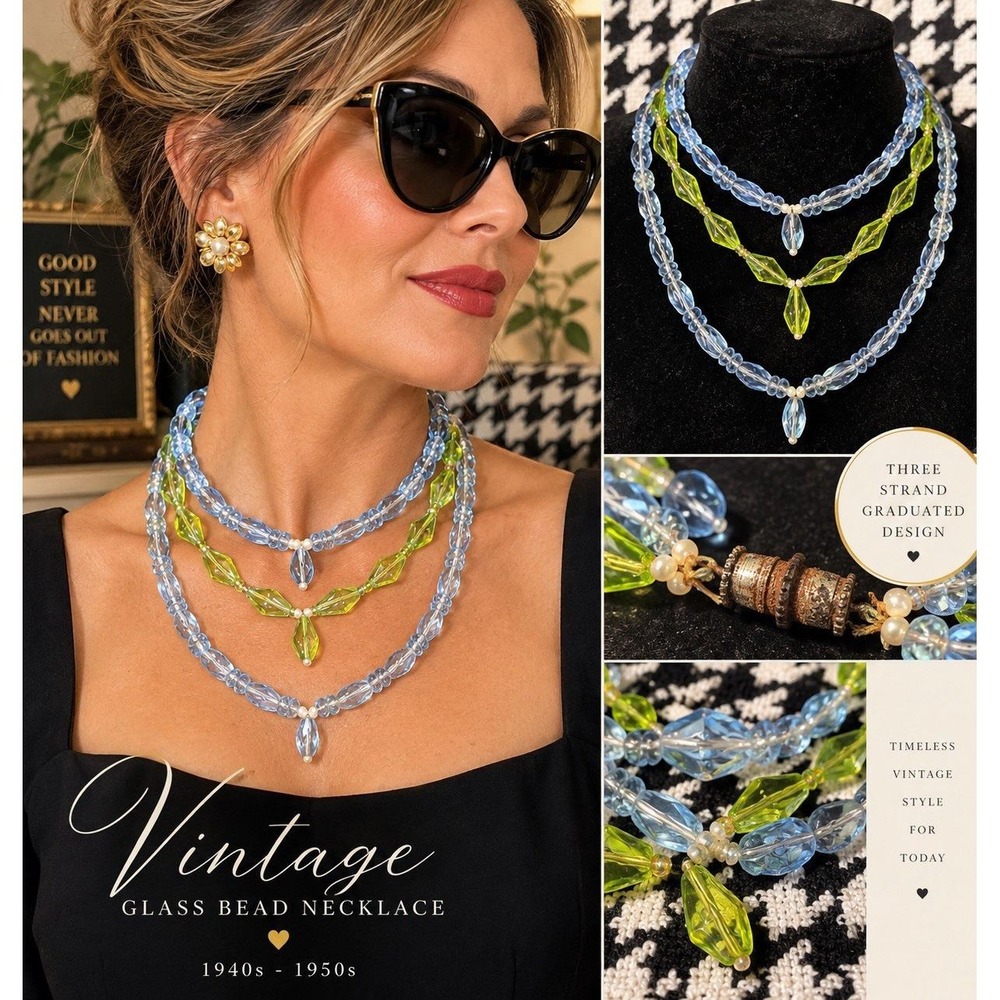 VTG 1940s 50s 3 Strand Glass Bead Necklace Blue Green Graduated Drop 18"